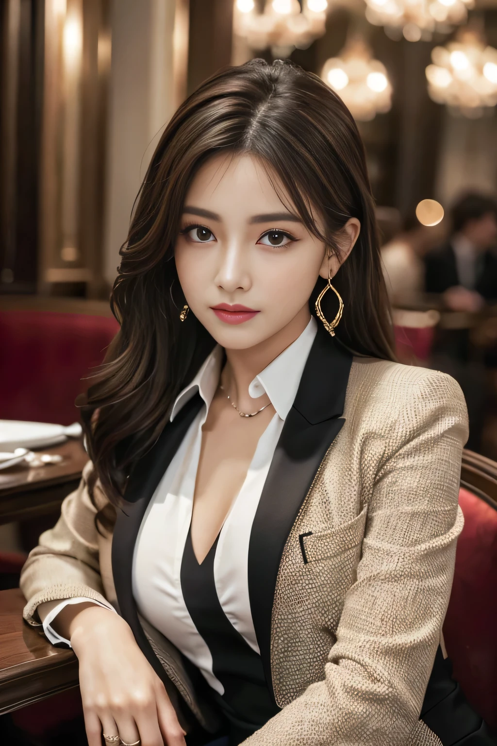 masterpiece, Highest quality, Realistic, Very detailed, Finer details, High resolution, 8k wallpaper, One beautiful woman,Wear a nice suit, In a great restaurant, At night, Light brown messy hair, Perfect dynamic composition, Beautiful and beautiful eyes、Big earrings、Sit on a chair