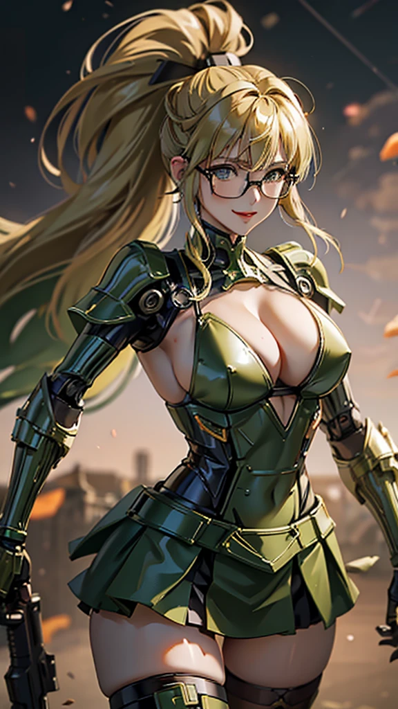 Military green translucent armor，Arm mecha，blonde short hair，Long ponytail hairstyle，Large Breasts，Cleavage，Pistol hanging from waist，fighter pilot，fighter hangar，Sexy，Lipstick，miss，Golden Eyes，stockings，Short skirt，Smile，red glasses