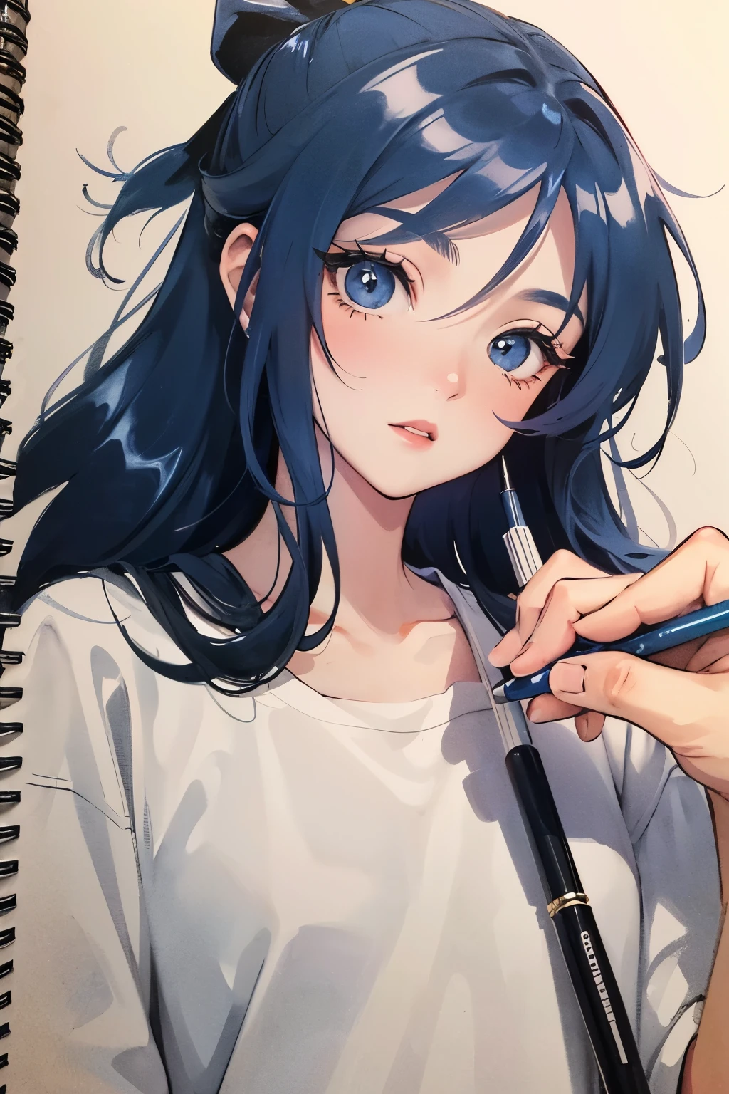 Image with dimensions 16:9 It shows an anime girl drawn with an ink pen, and the artist’s hand appears holding the pen