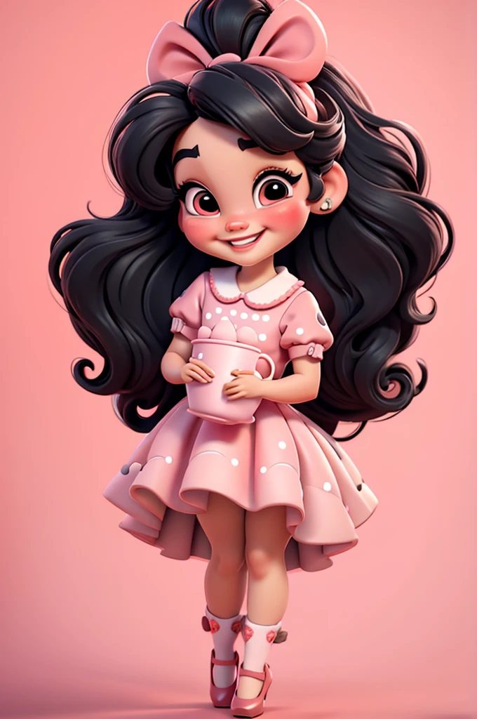 3d illustration, pixar style, cute chibi, baby girl ariana grande, black hair, long hair, red bow in hair, dress red with black with white dots, bright eyes, big eyelash, pink cheeks, happy, smiling, glitter, white socks, red high heels shoes, exuberant, fantastic, cute pose, wonderful, white background, clean solid background, hq, 8k, masterpiece
