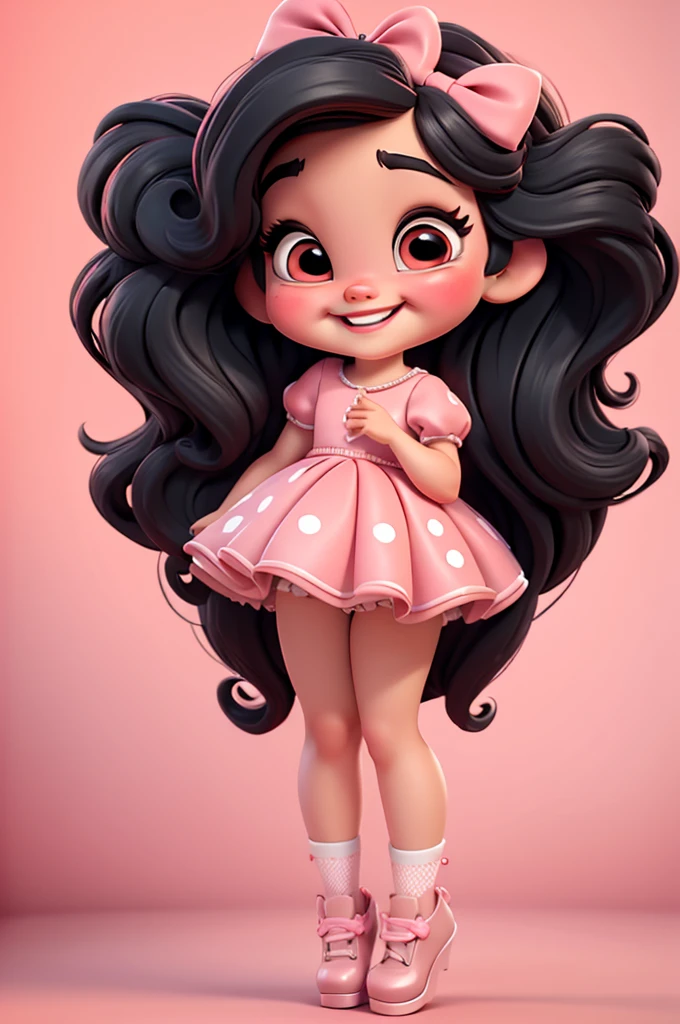 3d illustration, pixar style, cute chibi, baby girl ariana grande, black hair, long hair, red bow in hair, dress red with black with white dots, bright eyes, big eyelash, pink cheeks, happy, smiling, glitter, white socks, red high heels shoes, exuberant, fantastic, cute pose, wonderful, white background, clean solid background, hq, 8k, masterpiece