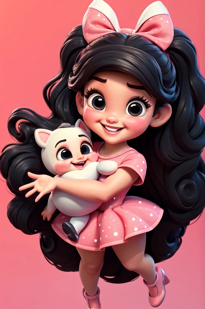 3d illustration, pixar style, cute chibi, baby girl ariana grande, black hair, long hair, red bow in hair, dress red with black with white dots, bright eyes, big eyelash, pink cheeks, happy, smiling, glitter, white socks, red high heels shoes, exuberant, fantastic, cute pose, wonderful, white background, clean solid background, hq, 8k, masterpiece
