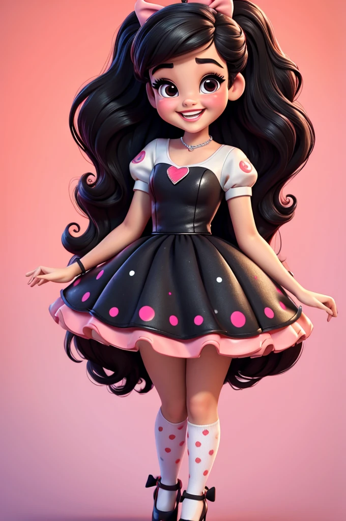 3d illustration, pixar style, cute chibi, baby girl ariana grande, black hair, long hair, red bow in hair, dress red with black with white dots, bright eyes, big eyelash, pink cheeks, happy, smiling, glitter, white socks, red high heels shoes, exuberant, fantastic, cute pose, wonderful, white background, clean solid background, hq, 8k, masterpiece
