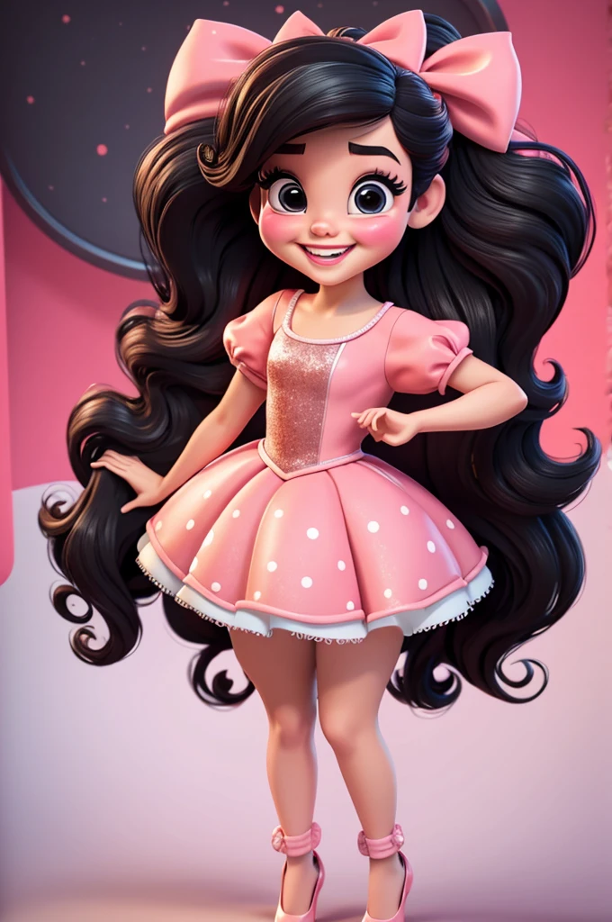 3d illustration, pixar style, cute chibi, baby girl ariana grande, black hair, long hair, red bow in hair, dress red with black with white dots, bright eyes, big eyelash, pink cheeks, happy, smiling, glitter, white socks, red high heels shoes, exuberant, fantastic, cute pose, wonderful, white background, clean solid background, hq, 8k, masterpiece
