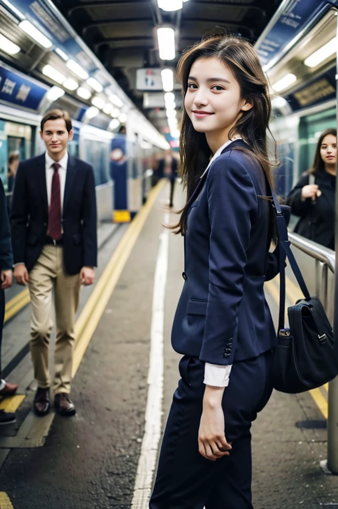 17 year old beautiful girl、Highest image quality、realistic、16K、baby face、cute、long hair、slim、Standing、OL in the subway、navy suit、whole body、smile、panoramic、show me your long legs、Photographed quite far away、whole body姿、Back view、Full body、