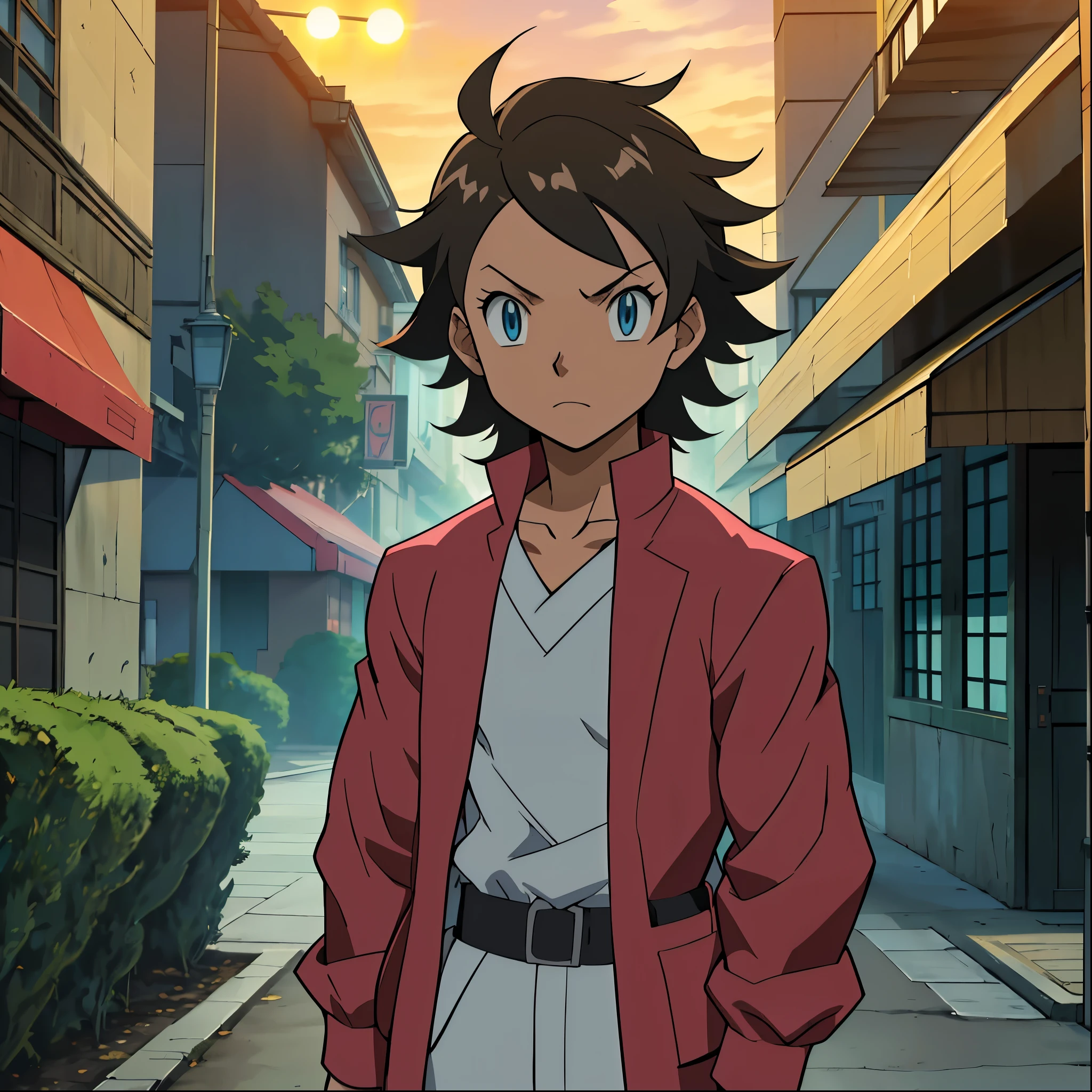 the anime, (Best Quality), ((1 adult boy)), ((muscled body)), Akaza (Hakuji) AB: kimetsu no yaiba, on a street in the city of Lumiose , (at night in Lumiose City ), ((Ultra-short black hair)), ((Impassive blue eyes)), (((Hair back))), (((open forehead))), wearing a jacket , attractive clothes , a waist belt, looks at the viewer, The Art of Pokemon XYZ, Pokemon XYZ artstyle, Pokemon xyz