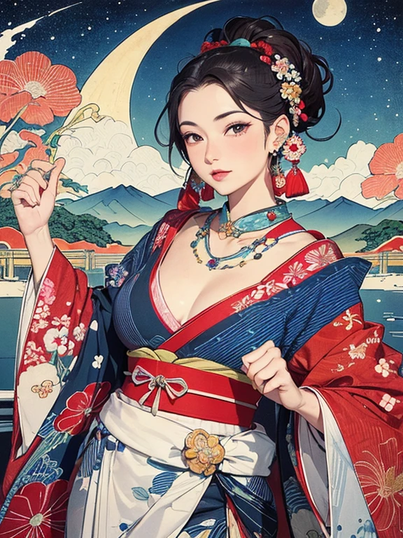 (masterpiece, Highest quality,High resolution, Official Art), (One girl), (Fractal Art:1.1),(Flowers:1.3),Vivid color patterns、(Dynamic pose),(Traditional fabrics of Japan:1.2), (Shiny skin), (Many colors:1.4), ,(Earrings:1.4),( Ukiyo-e background,moon,flower,cloud )