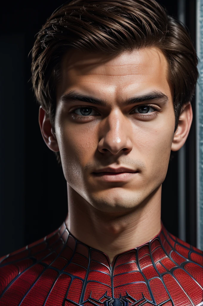 A photograph of spider man, no mask, 20 yo, handsome, detailed face, looking at camera, portrait, 8k uhd, high quality