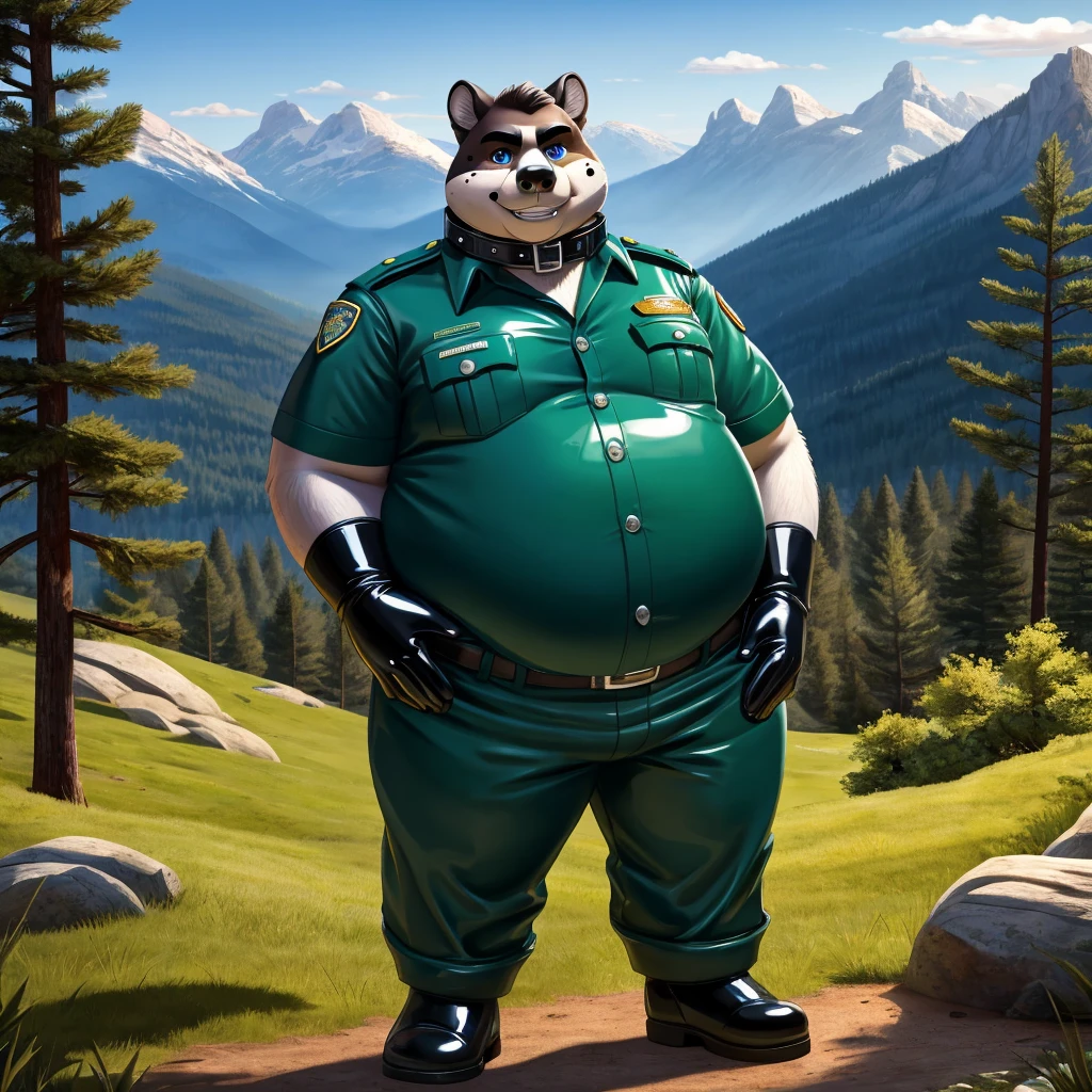 solo, full body, Male, fat, extremely obese, Mole, park ranger, trousers, outdoor, park ranger uniform, collared shirt with buttons, blue eyes, (soft shading), 4k, hi res, ((detailed face, detailed)), looking at viewer, evil grin, Mole is wearing the collared shirt and leather collar at the same time, Mole is wearing a glossy leather dog collar around the neck, Mole is wearing white rubber gloves on the hands, white rubber gloves on the feet, gloves are rubber in texture, leather collar is shiny, leather collar is extremely detailed, rubber gloves are glossy, Evergreen pine forest and mountains national park in the background, Environmental protection area.