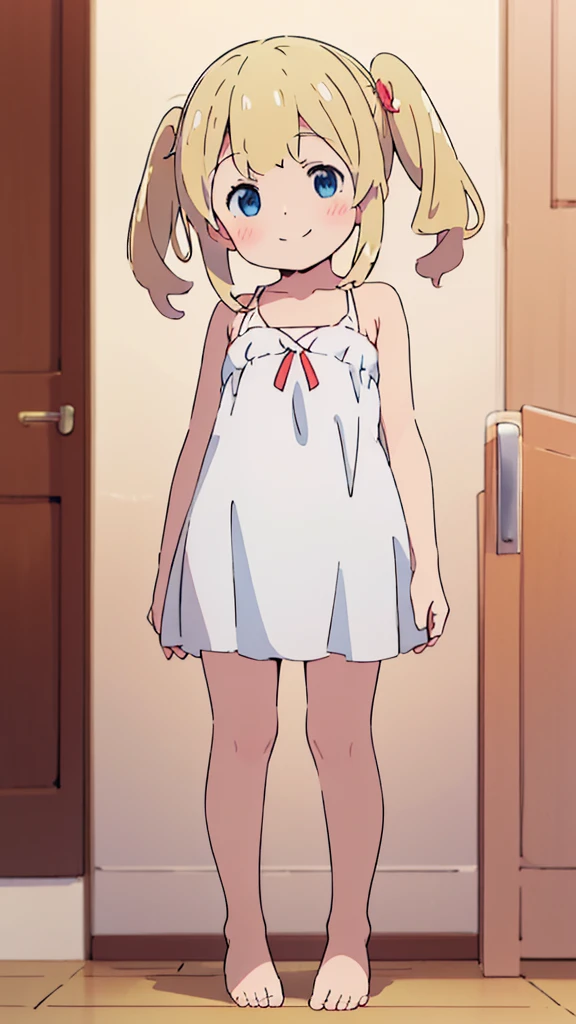 ((masterpiece))((Highest quality))girl、smile、blush、Flat Chest、Are thin、、low length、Blonde twin tails、Embarrassed、Are standing、Red and white dress、Whole body image、Even your toes are visible、Eye level on face、front、No background、mayonnaise、真frontのアングル