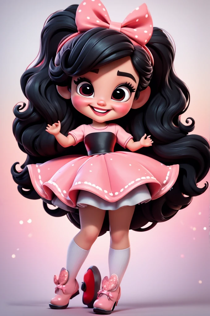 3d illustration, pixar style, cute chibi,  ariana grande, black hair, long hair, red bow in hair, dress red with black with white dots, bright eyes, big eyelash, pink cheeks, happy, smiling, glitter, white socks, red high heels shoes, exuberant, fantastic, cute pose, wonderful, white background, clean solid background, hq, 8k, masterpiece
