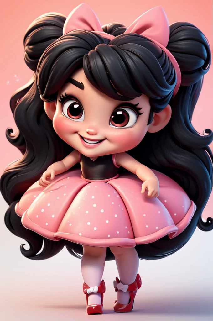 3d illustration, pixar style, cute chibi, baby girl ariana grande, black hair, long hair, red bow in hair, dress red with black with white dots, bright eyes, big eyelash, pink cheeks, happy, smiling, glitter, white socks, red high heels shoes, exuberant, fantastic, cute pose, wonderful, white background, clean solid background, hq, 8k, masterpiece