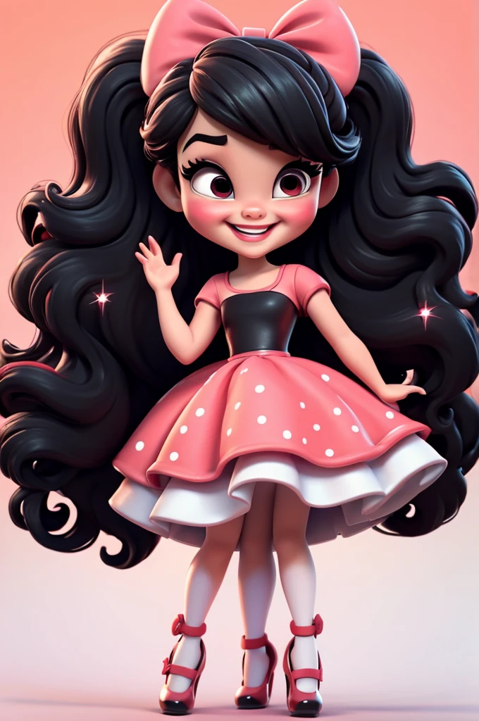 3d illustration, pixar style, cute chibi, baby girl ariana grande, black hair, long hair, red bow in hair, dress red with black with white dots, bright eyes, big eyelash, pink cheeks, happy, smiling, glitter, white socks, red high heels shoes, exuberant, fantastic, cute pose, wonderful, white background, clean solid background, hq, 8k, masterpiece