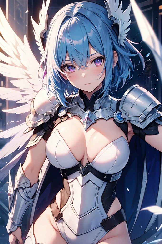 4K,High resolution,One Woman,Blue Hair,Short Hair,Pink eyes,Big Breasts,Valkyrie,White sacred armor,Full Armor,Winged headgear,Dragon's Tail,Dragon Wing,Dragon Horn,Jewelry decoration,Gold decoration,Holy Long Sword,Temple in the Sky