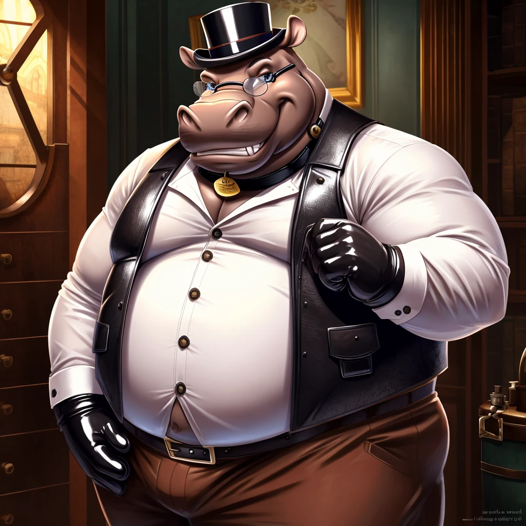 Solo, Male, fat, extremely obese, gentleman, dapper Professor Hippopotamus, blue eyes, (posing:1.3), (soft shading), 4k, hi res, ((detailed face, detailed)), looking at viewer, evil grin, steampunk, collared shirt with buttons, top hat, male focus, Explorer Outfit, glasses, monocle, bag, vest with buttons, backpack, sleeves rolled up, round eyewear, brown headwear, brown vest, Hippopotamus is wearing a glossy leather dog collar around the neck, Hippopotamus is wearing the leather collar and shirt and vest at the same time, Hippopotamus is wearing glossy white rubber gloves on the hands, wearing white rubber gloves on the feet, Hippopotamus is wearing glossy white cuffs around the wrists with cufflinks, gloves are rubber in texture, clenching teeth, clenching fists, leather collar is glossy and shiny with a lot of detail, Hippopotamus is wearing gloves and cuffs and cufflinks at the same time, leather collar has a round dog-tag, leather collar is thick and detailed.