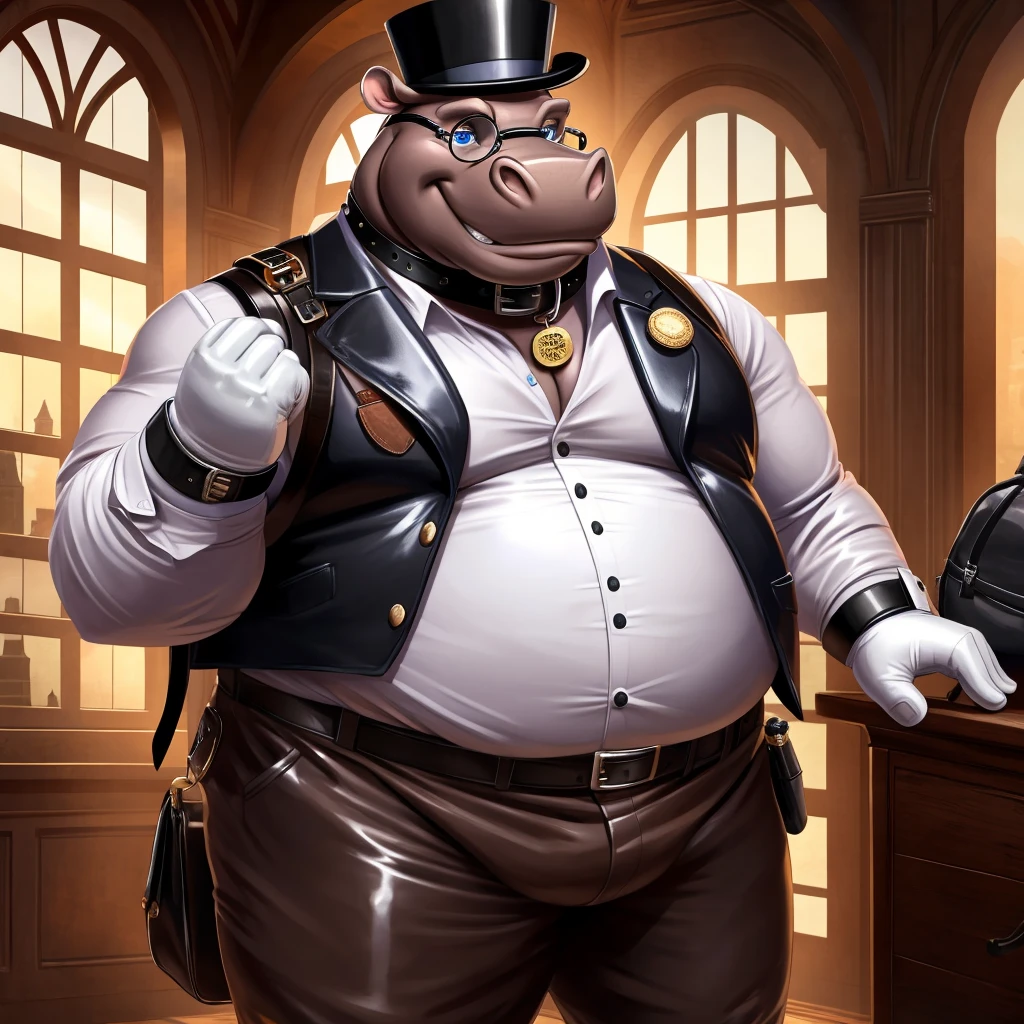 Solo, Male, fat, extremely obese, gentleman, dapper Professor Hippopotamus, blue eyes, (posing:1.3), (soft shading), 4k, hi res, ((detailed face, detailed)), looking at viewer, evil grin, steampunk, collared shirt with buttons, top hat, male focus, Explorer Outfit, glasses, monocle, bag, vest with buttons, backpack, sleeves rolled up, round eyewear, brown headwear, brown vest, Hippopotamus is wearing a glossy leather dog collar around the neck, Hippopotamus is wearing the leather collar and shirt and vest at the same time, Hippopotamus is wearing glossy white rubber gloves on the hands, wearing white rubber gloves on the feet, Hippopotamus is wearing glossy white cuffs around the wrists with cufflinks, gloves are rubber in texture, clenching teeth, clenching fists, leather collar is glossy and shiny with a lot of detail, Hippopotamus is wearing gloves and cuffs and cufflinks at the same time, leather collar has a round dog-tag, leather collar is thick and detailed.