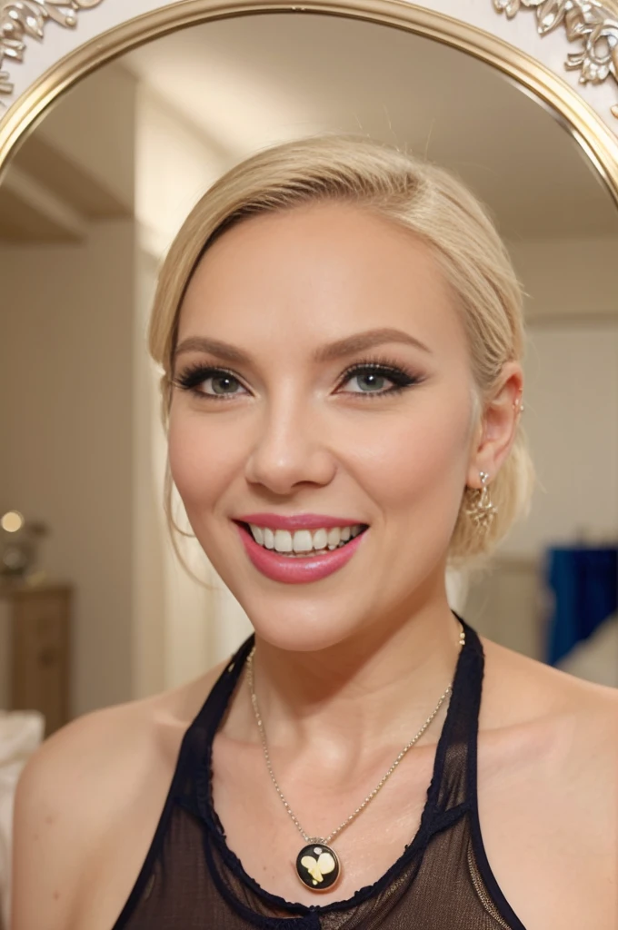 A mature woman with beautiful, detailed eyes and lips, extremely detailed face, long eyelashes, smiling with half-closed eyes, floating in the air against a fractal pattern art background. She has shiny skin and is wearing a dark blue dress, a miniskirt, and a white apron with white socks. Her platinum-blonde hair is tied with a ribbon. Surrounding her are floating playing cards, a Trump card, a floating tea cup and tea pot, a pocket watch, a big mirror, lipsticks, candies, and jam bottles. A cute, animetic white rabbit is also present. The image is taken from a Dutch angle, showing her full body from below, with her legs rising up. The overall scene has a fantastic, fantasy-like atmosphere with exotic wallpapers, a colorful image, and a simple background. The anatomy is correct, including the hands, and the lighting is natural, creating a photo-realistic, 8K RAW quality image with textile shading.