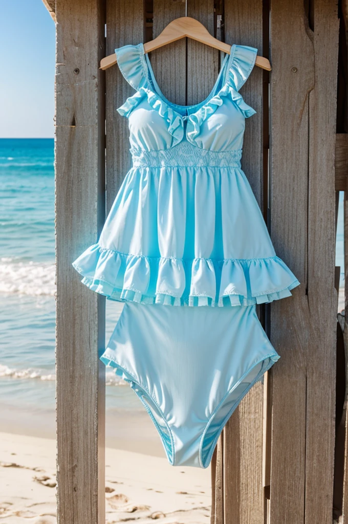 Light blue frilly swimsuit hanging on a hanger on a beach in a fairy tale world