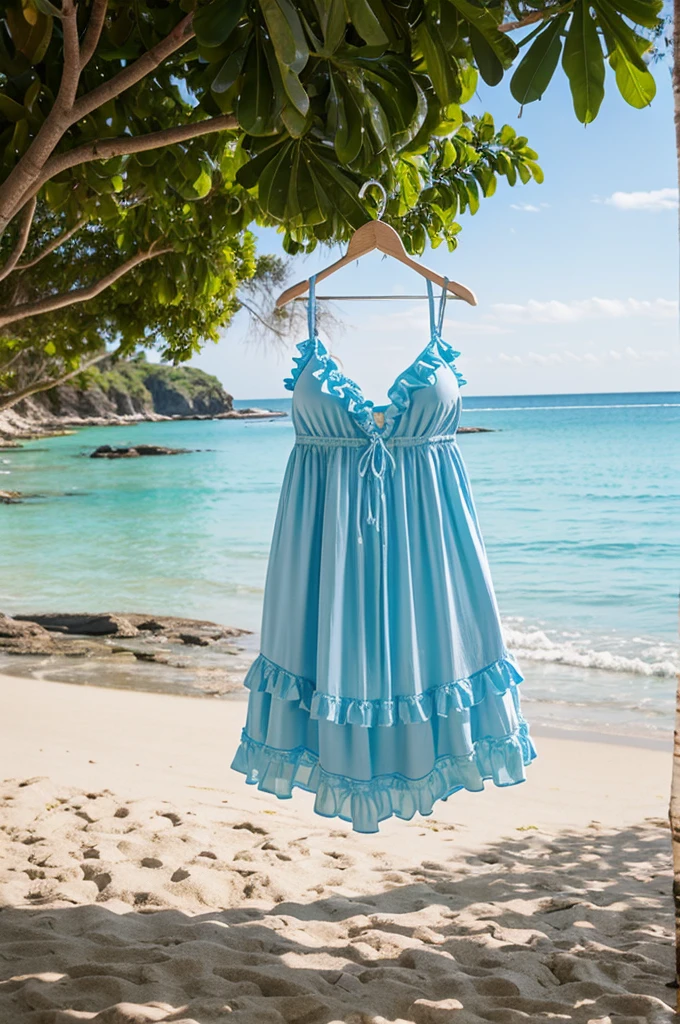 Light blue frilly swimsuit hanging on a hanger on a beach in a fairy tale world