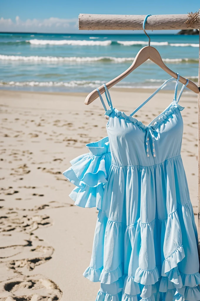 Light blue frilly swimsuit hanging on a hanger on a beach in a fairy tale world
