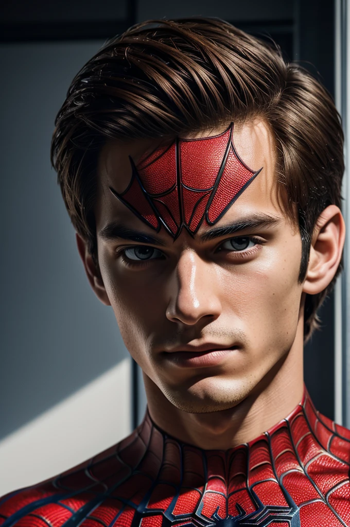 A photograph of spider man, no mask, 20 yo, handsome, detailed face, looking at camera, portrait, 8k uhd, high quality