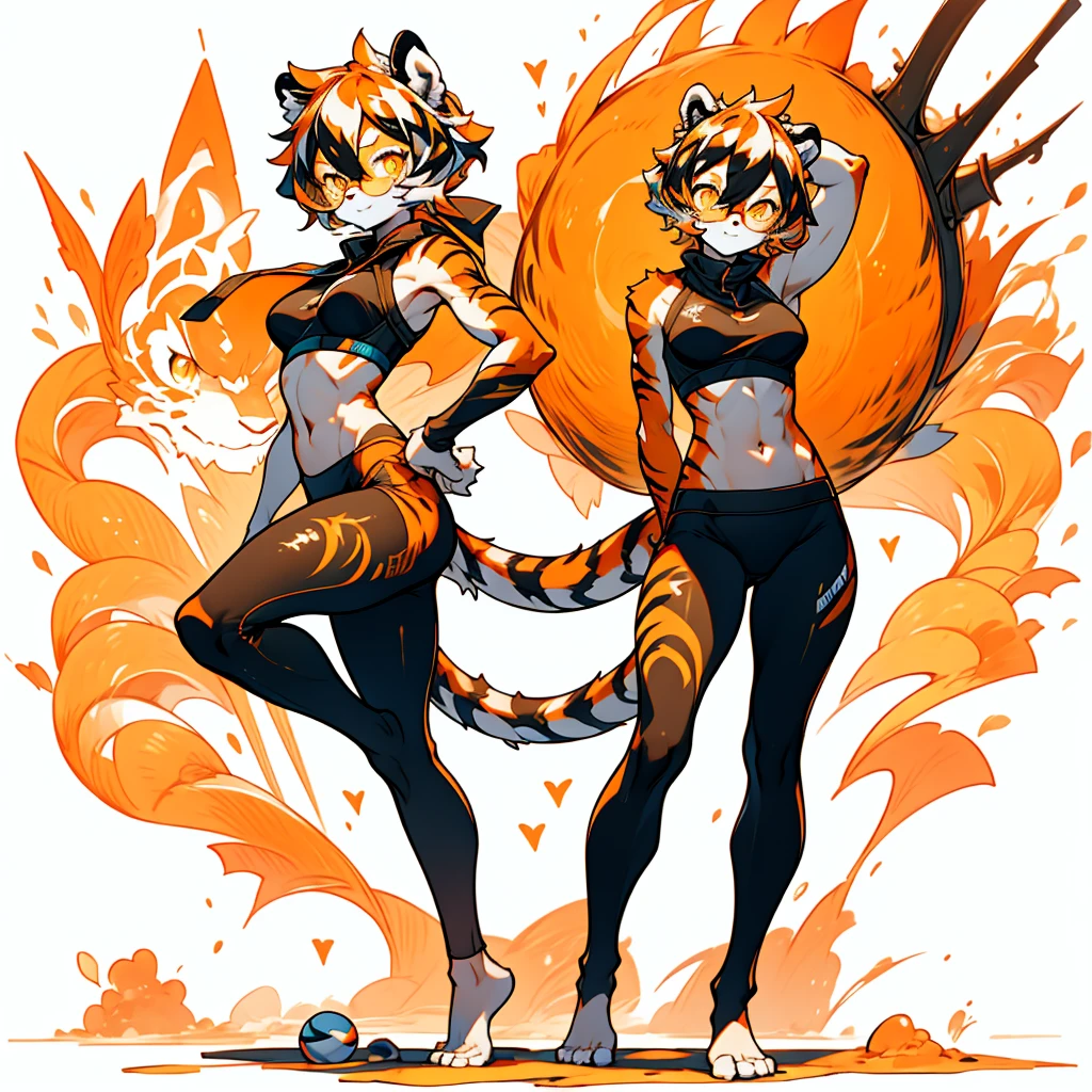 white background, full body, solo, 1girl, Standing Yoga mat, heading up, proud, young girl, animal ears, arknights, white hair, black hair, round eyewear, glasses, OPPEIN, short hair, large breasts, muscle, tail, orange eyes, orange hair, multicolored hair, tiger girl, furry female, hair between eyes, tiger_ears, tiger_tail, waai_fu, orange-tinted_eyewear, tinted_eyewear, Sophorae, ワイフー, waai_fu_arknights, tattoo, petite, neck tattoo, big breasts, stomach tattoo, bra, panties, evil smile, Shadows under feet, Abdominal muscles, nsfw, hentai, Yoga tights, Yoga balls