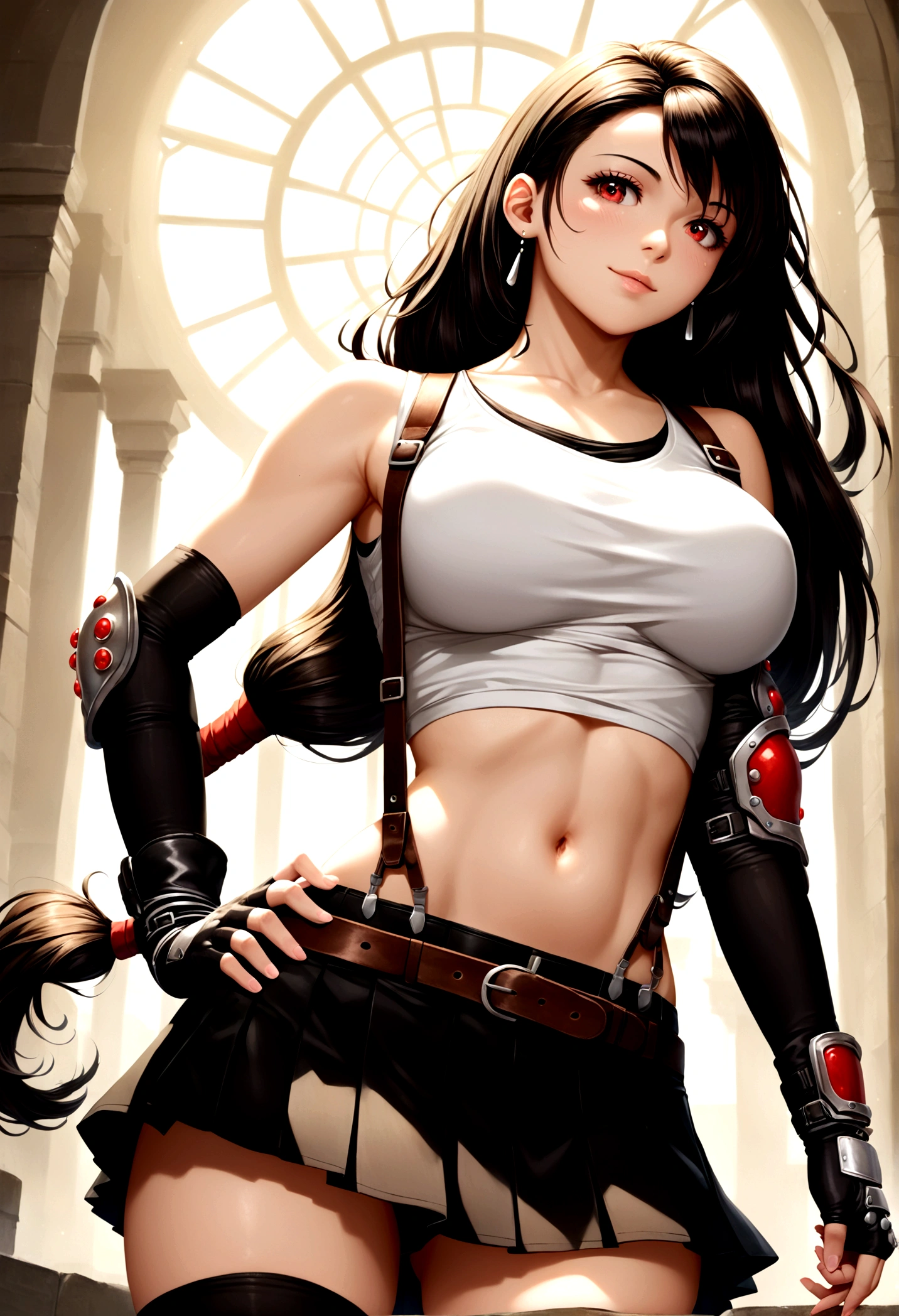 score_9, score_8_up, score_7_up,score_6, score_5,BREAK , ,from side,below view,side angle,pov,,,standing,contrapost,upperbody ,,straight-on,Solo,1girl, tifa lockhart, final fantasy,ultra beautiful ,black hair, low-tied long hair, red eyes, bangs, (white tank top,gap) (belt, pleated skirt, thighhighs, elbow fingerless gloves, elbow pads, midriff, navel,suspenders.skirt),beautiful waist ,((large_breast:1.3)),light smile,,hand on own hip,daytime,outdoor,(ultra detailed),(best quality),(aesthetic,very aesthetic),UHD,photorealistic,extremely detailed CG unity 8k wallpaper,anime,depth of field,,,