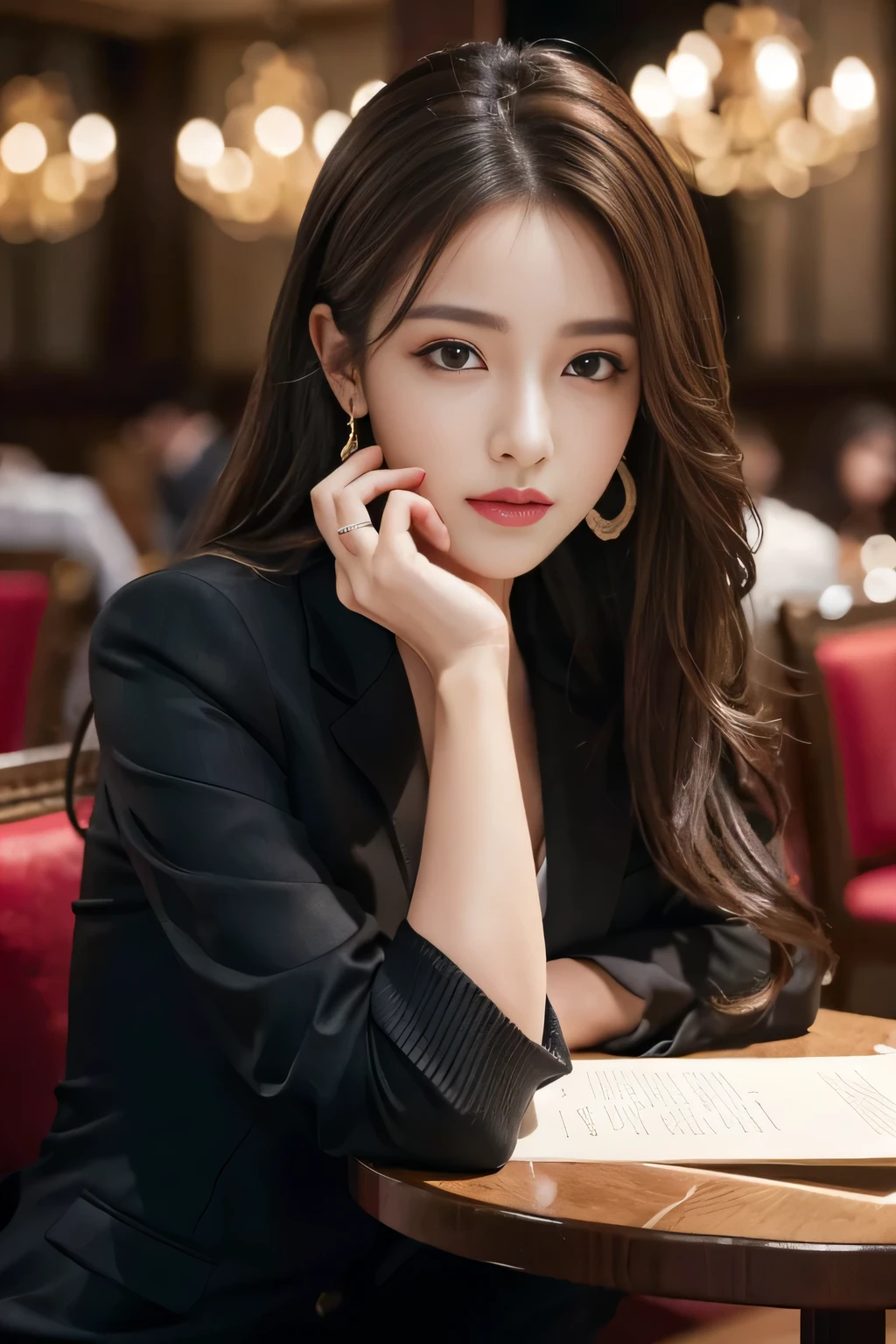 masterpiece, Highest quality, Realistic, Very detailed, Finer details, High resolution, 8k wallpaper, One beautiful woman,Wear a nice suit, In a great restaurant, At night, Light brown messy hair, Perfect dynamic composition, Beautiful and beautiful eyes、Big earrings、Sit on a chair