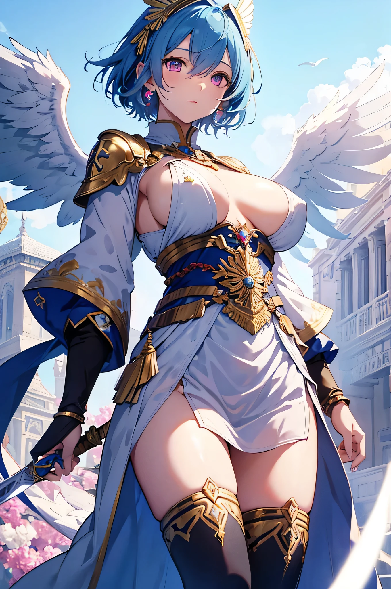 4K,High resolution,One Woman,Blue Hair,Short Hair,Pink eyes,Big Breasts,Valkyrie,White sacred armor,Winged headgear,Jewelry decoration,Gold decoration,Holy Long Sword,Temple in the Sky