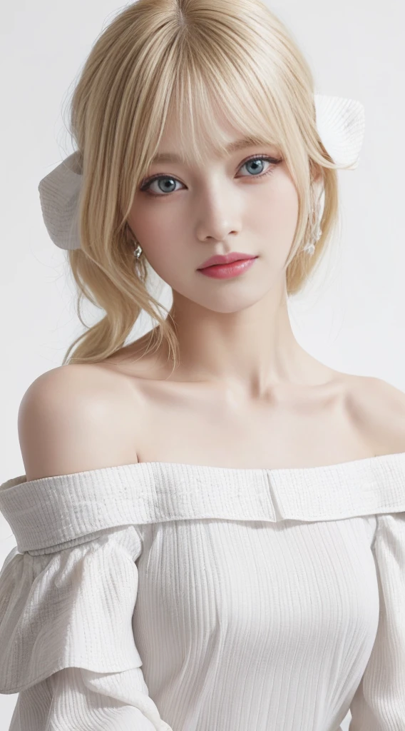High resolution、high resolution、8K、Real Live Action、(((Off-the-shoulder blouse:1.4, White background、Highest quality:1.4)))、Physically Based Rendering, Portraiture, Super beautiful woman, 18-year-old, Small, large eyes, Fine thin eyebrows, Eye highlights, ハーフアップのWhite Blondeヘア, Highly detailed face and skin texture, Sharp focus, Clear focus:1.2, Slender beauty:1.4, Slim Abs, Oval Face, Lip gloss, Distinct facial features, A kind smile, Are standing, ((White Blonde、Blonde、forehead)), 、Sparkling eyes、Sparkling eyes、Lip glossで輝く唇、