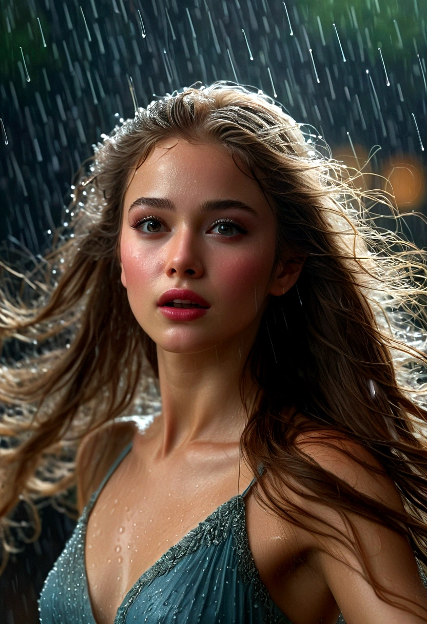 Girl dancing in the rain, long flowing hair, Beautiful attention to detail, Beautiful lip detail, Highly detailed faces and features, Long eyelashes, Elegant Dresses, (whole body:1.3), Swirling in the wind, Raindrops glistening on her skin, Dramatic lighting, Gloomy atmosphere, Structure of the film, Vibrant colors, Realistic, 8K, High resolution, masterpiece