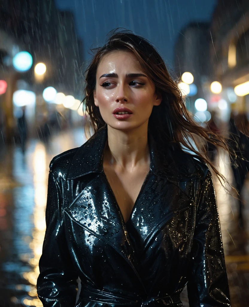 Sexy woman, expensive clothing, walking through the city at night, crying in the rain. 