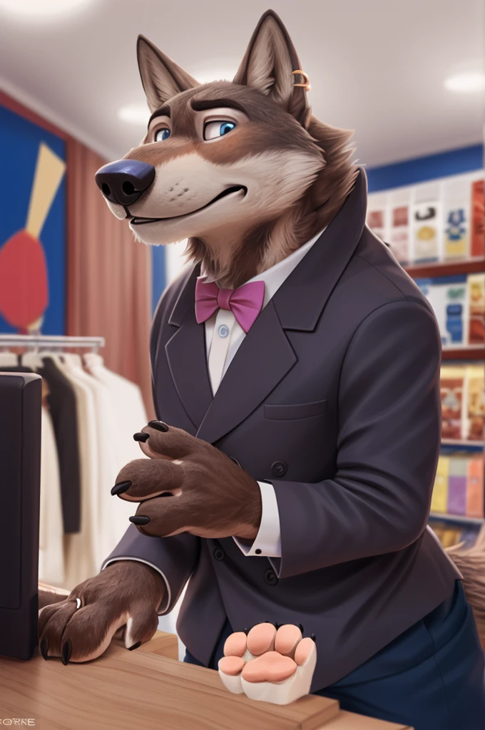 Larry (Zootopia), wolf, Gray Fur, (brown body:1.3), beautiful blue eyes, Zootopia, dressed,blazer,pink shirt,trousers,the bow tie, canine,wolf, detailed fur, male, second, paw pads, finger claws,одевает the bow tie, Games,At the viewer, 5 fingers, paws, 4 toes, in the wedding palace, groom,finger ring,
BREAK from nextel, for dating, by xenoforge, (difficult, high detail,digital photography, soft focus, RAW, close to the camera, smile, positive, Good, mood, Houses, looks at the viewer, очень close to the camera, in the shop,his wedding, marriage palace combination,
Photorealism, realistic, photorealistic,digital style, Subsurface scattering,очень close to the camera
шедевр, Best quality, ultra realistic, 8 thousand.)