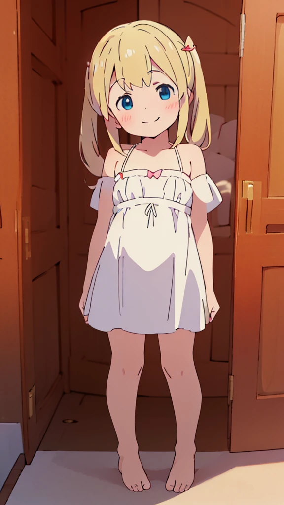 ((masterpiece))((Highest quality))girl、smile、blush、Flat Chest、Are thin、、low length、Blonde twin tails、Embarrassed、Are standing、Red and white dress、Whole body image、Even your toes are visible、Eye level on face、front、No background、mayonnaise、真frontのアングル