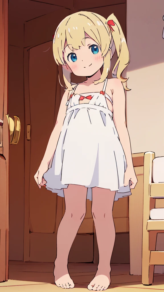 ((masterpiece))((Highest quality))girl、smile、blush、Flat Chest、Are thin、、low length、Blonde twin tails、Embarrassed、Are standing、Red and white dress、Whole body image、Even your toes are visible、Eye level on face、front、No background、mayonnaise、真frontのアングル