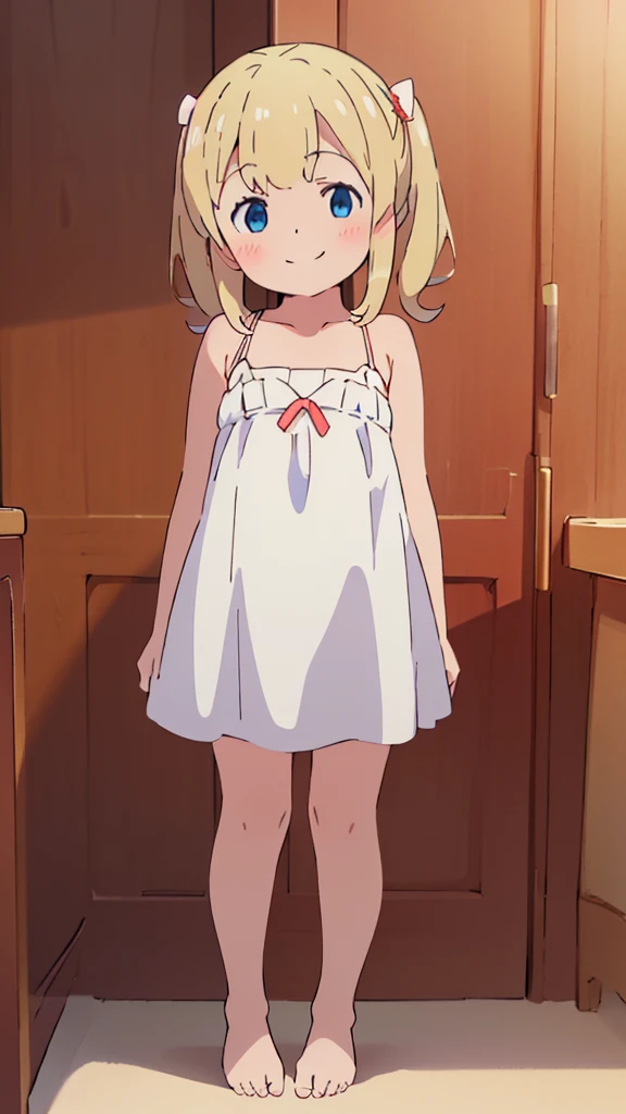 ((masterpiece))((Highest quality))girl、smile、blush、Flat Chest、Are thin、、low length、Blonde twin tails、Embarrassed、Are standing、Red and white dress、Whole body image、Even your toes are visible、Eye level on face、front、No background、mayonnaise、真frontのアングル