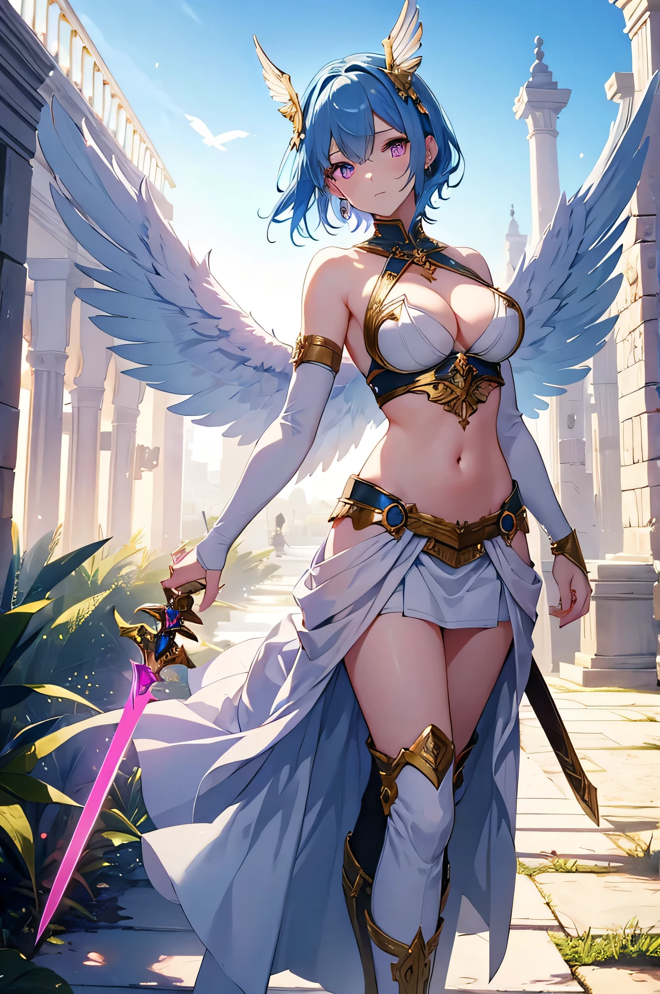 4K,High resolution,One Woman,Blue Hair,Short Hair,Pink eyes,Big Breasts,Valkyrie,White sacred armor,Winged headgear,Jewelry decoration,Gold decoration,Holy Long Sword,Temple in the Sky