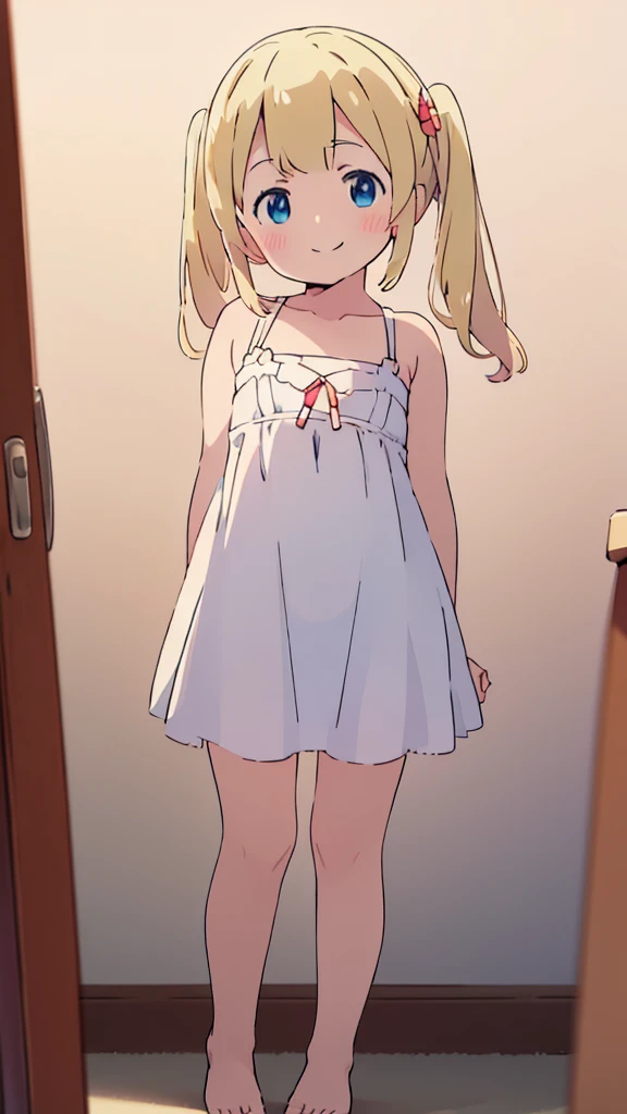((masterpiece))((Highest quality))girl、smile、blush、Flat Chest、Are thin、、low length、Blonde twin tails、Embarrassed、Are standing、Red and white dress、Whole body image、Even your toes are visible、Eye level on face、front、No background、mayonnaise、真frontのアングル