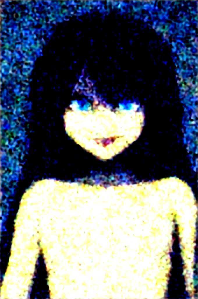 From_below, edgGesugao facial expression, curvy blue eyed girl with long wavy black hair and small breasts