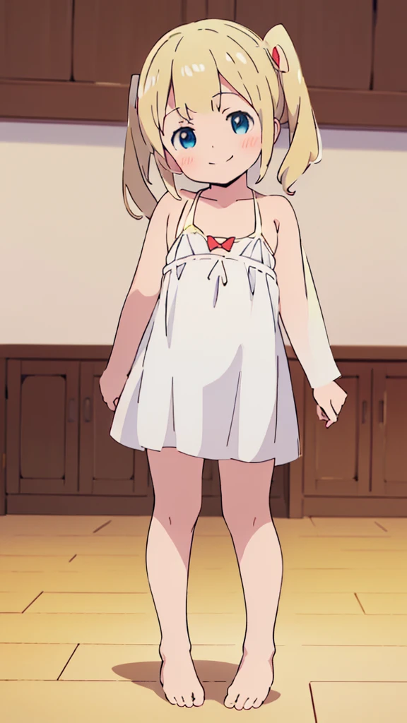((masterpiece))((Highest quality))girl、smile、blush、Flat Chest、Are thin、、low length、Blonde twin tails、Embarrassed、Are standing、Red and white dress、Whole body image、Even your toes are visible、Eye level on face、front、No background、mayonnaise、真frontのアングル