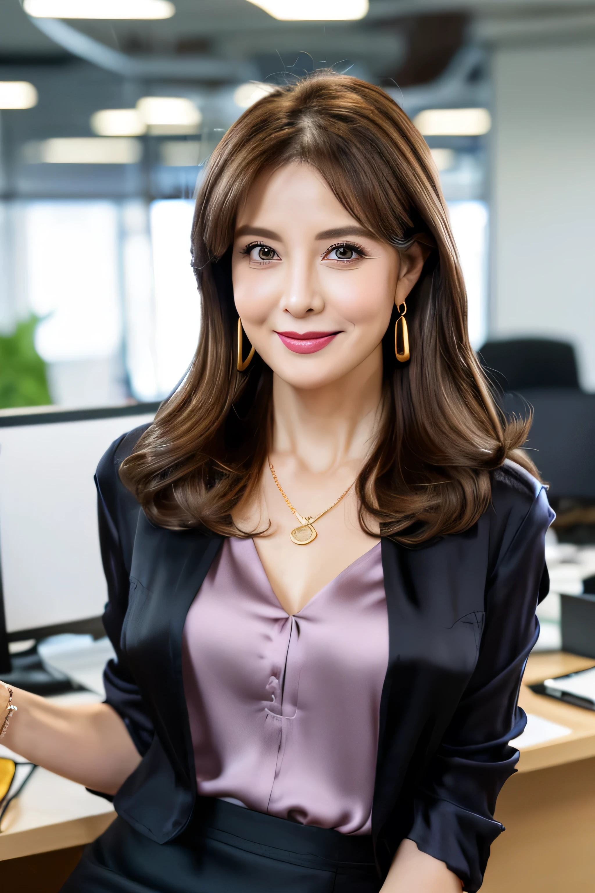 (RAW Photos:1.2), (Realistic), Beautiful details, (Genuine: 1.4), Very detailedな目と顔, Beautiful and detailed, Standing in the office、(Ultra-realistic pantyhose、High heels)、Large file size, High resolution, Very detailed, Highest quality, [masterpiece:1.6], Consciousness upward, Very detailed, Hmph, In detail, Highest quality, 8k wallpaper, One Mature Woman, 43 years old, Perfect figure, Large Breasts、Cute droopy eyes,Beautiful big eyes、Peak Finger, ((Tabletop)), Highest quality, One Mature Woman, eye shadow, Portraiture,((Extra long brown hair:1.2))、((Gold Necklace＿Large earrings:1.2)), ((Office Lady,Black Office Blazer,luxurious silk blouse,Office Skirt:1.3)),((A shy smile:1.3)),