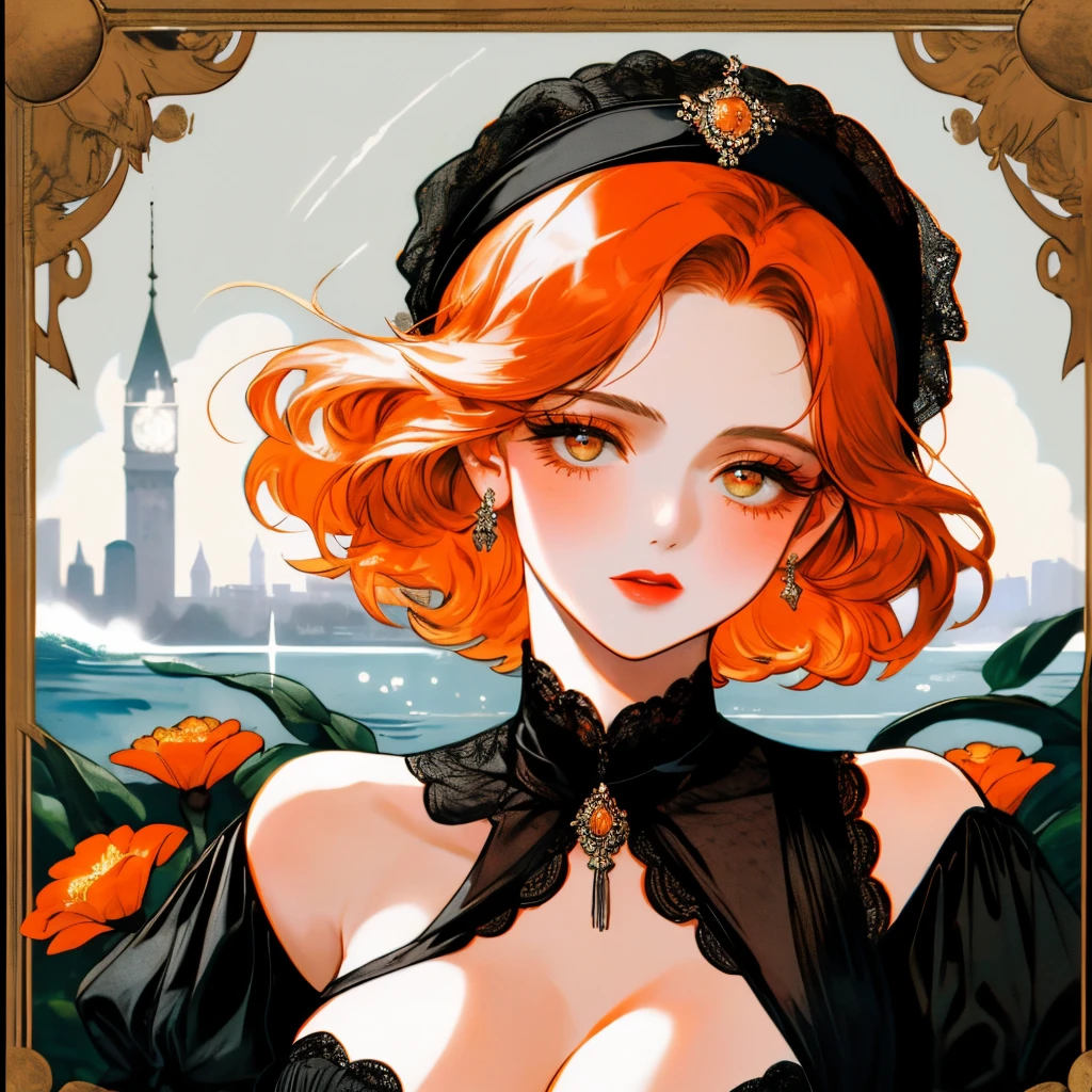 masterpiece, collage of short orange haired woman, hazel eyes, show cleavage a little, wearing black dress and black flapper headband, German, 1920s, 1920s outfit, a singer, in a cruise, flower, calm demeanor, various seducing pose