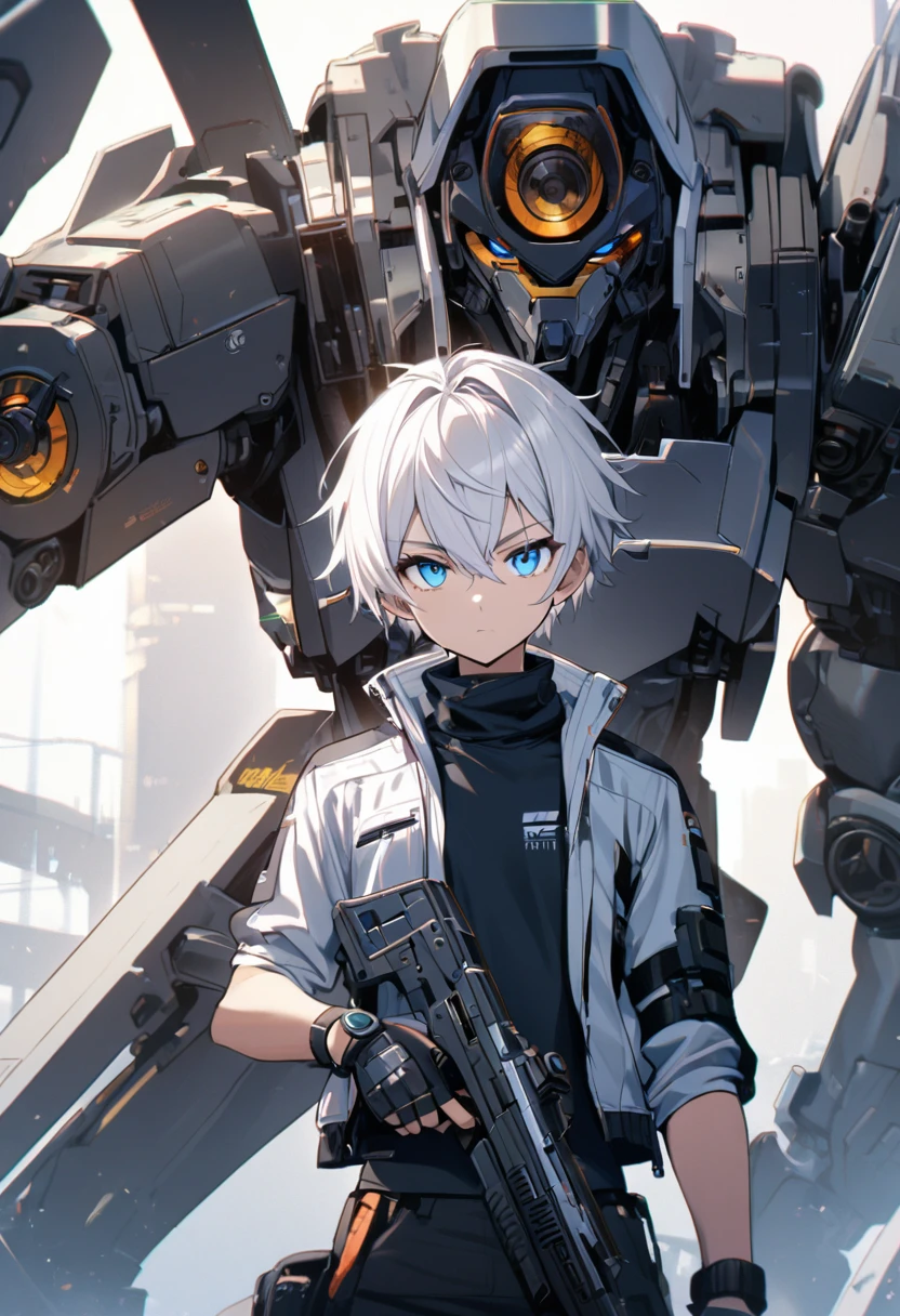 1man, white hair, 1mech arm, holding pistol, blue eyes, tech wear, look to viewer, open jacket