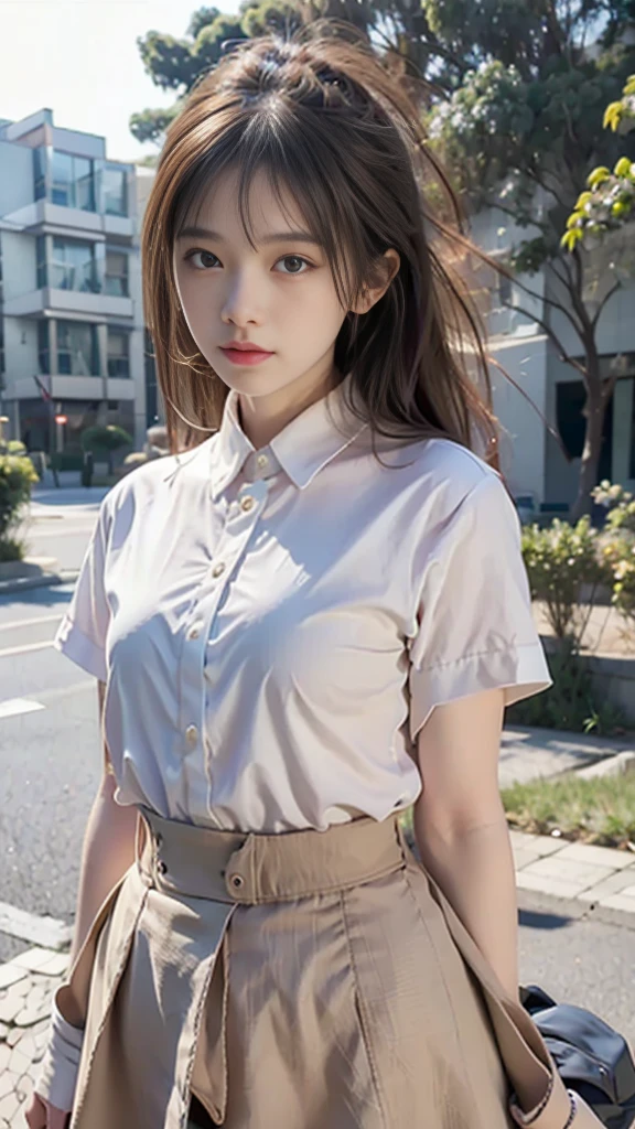 light brown hair、brown hair、hair between eyes、hair behind the ear、short hair、white shirt、uniform、front、negative space、Lens flare、Bokeh、 wide angle、超wide angle、f/1.8、35mm、realism、Depth of the bounds written、futuristic、UHD、retina、masterpiece、correct、anatomically correct、textured skin、super detail、high detail、high quality、 最high quality、High resolution、8K、cyber punk、超futuristic、Digital、on top of the building、Blowing in the wind、fluttering skirt、Vlog