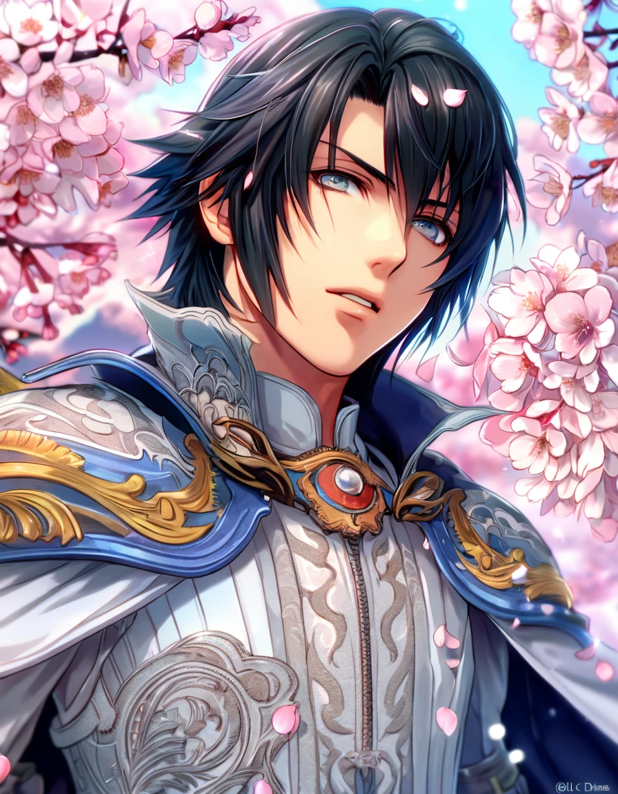 absurdres, highres, ultra detailed, HDR, master piece, Cid Raines, black hair, expressive gray eyes, Final Fantasy XIII, sexy man, handsome, best quality, cherry blossoms, flowers, fantasy, magical, solo, water, blossoms, pink petals, white cape, white gloves, white clothes