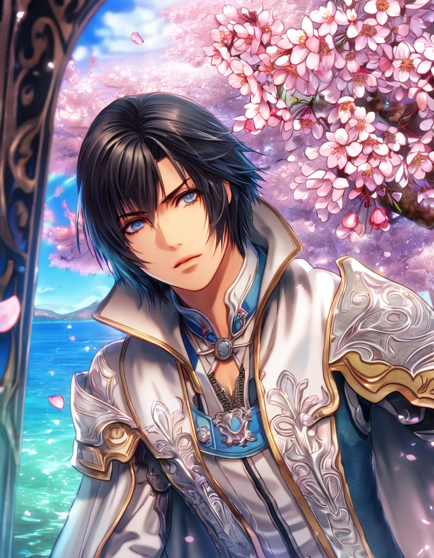 absurdres, highres, ultra detailed, HDR, master piece, Cid Raines, black hair, expressive gray eyes, Final Fantasy XIII, sexy man, handsome, best quality, cherry blossoms, flowers, fantasy, magical, solo, water, blossoms, pink petals, white cape, white gloves, white clothes