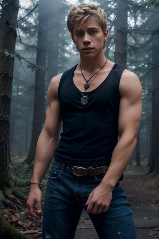 Mitch Hewer, Maxxie Oliver, Teen Wolf, 18 years old, short messy blond hair, slim and muscular build, blue eyes, black sleeveless shirt, blue denim vest, dark blue jeans, black belt, colored combat boots light brown, bat pendant, forest background with fog
