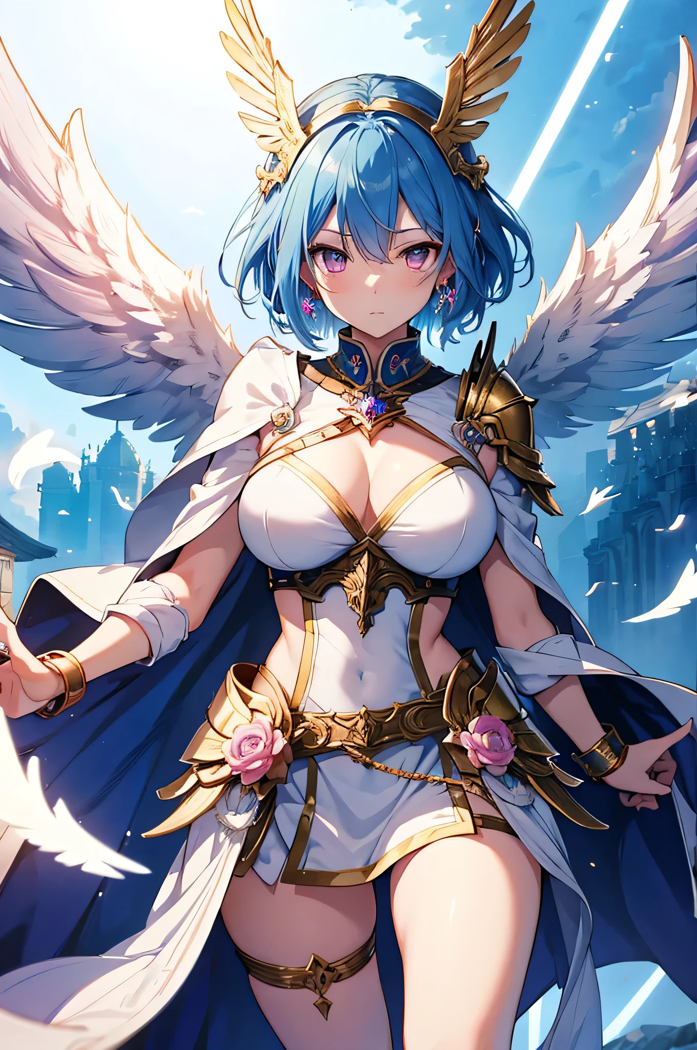 4K,High resolution,One Woman,Blue Hair,Short Hair,Pink eyes,Big Breasts,Valkyrie,White sacred armor,Winged headgear,Jewelry decoration,Gold decoration,Holy Long Sword,Temple in the Sky