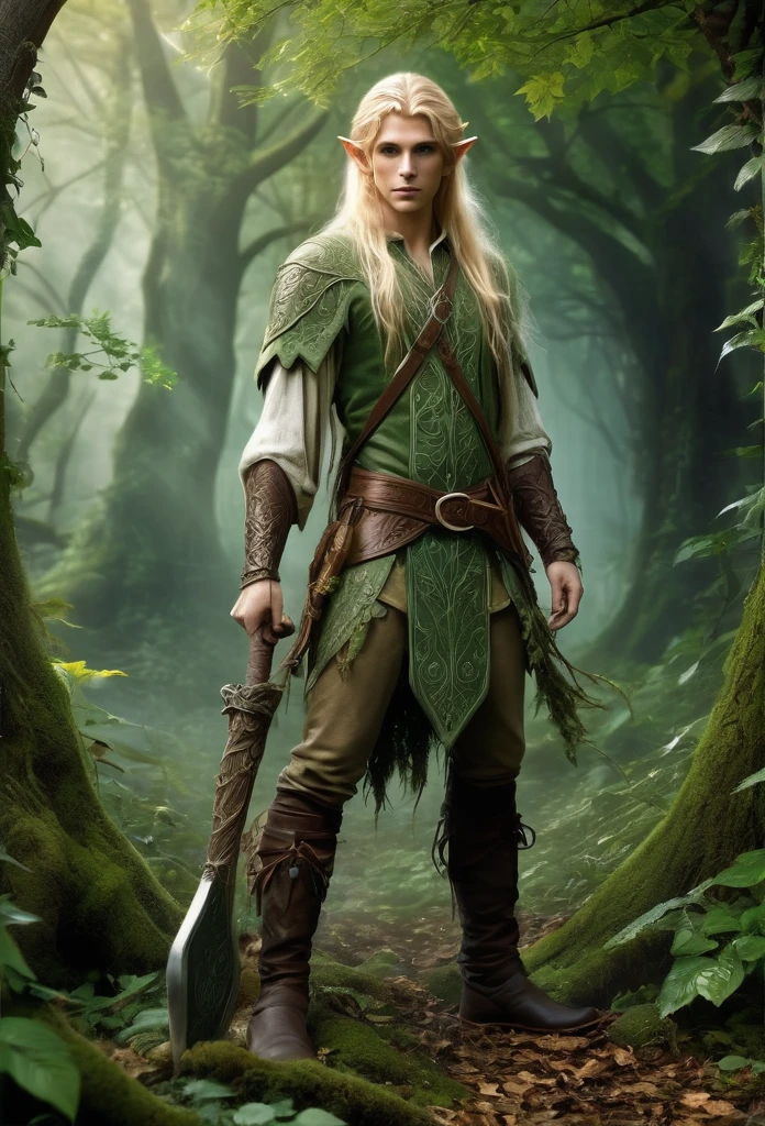 Young guy elf,blond(full body),long hair, defined body, tattooed,in a magical forest)light mist,he is a mystic forest, he's very detailed adorned with leaves and vines, he's carrying woods on sholder,and a axe in his handhe has a sensual and sad look