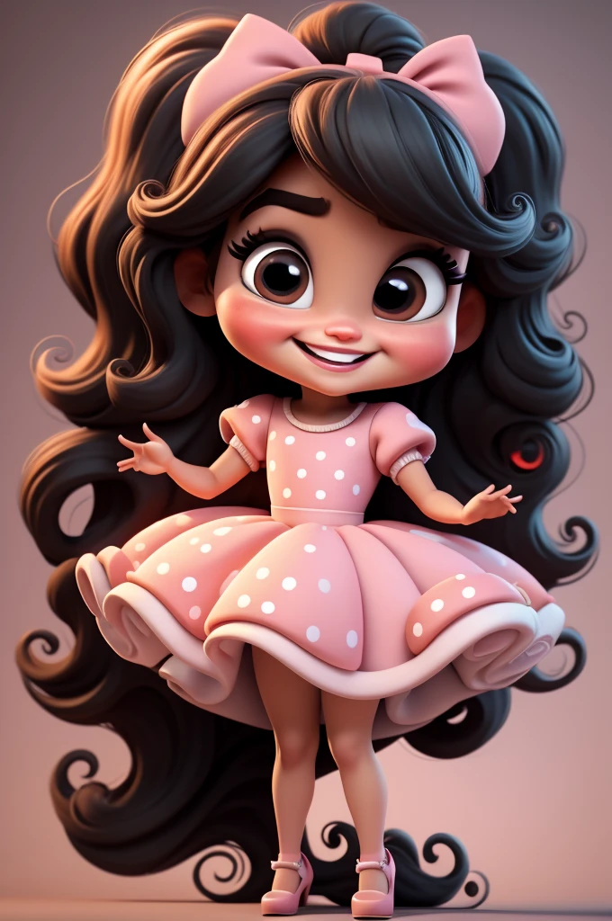 3d illustration, pixar style, cute chibi, baby girl ariana grande, black hair, long hair, red bow in hair, dress red with black with white dots, bright eyes, big eyelash, pink cheeks, happy, smiling, glitter, white socks, red high heels shoes, exuberant, fantastic, cute pose, wonderful, white background, clean solid background, hq, 8k, masterpiece
